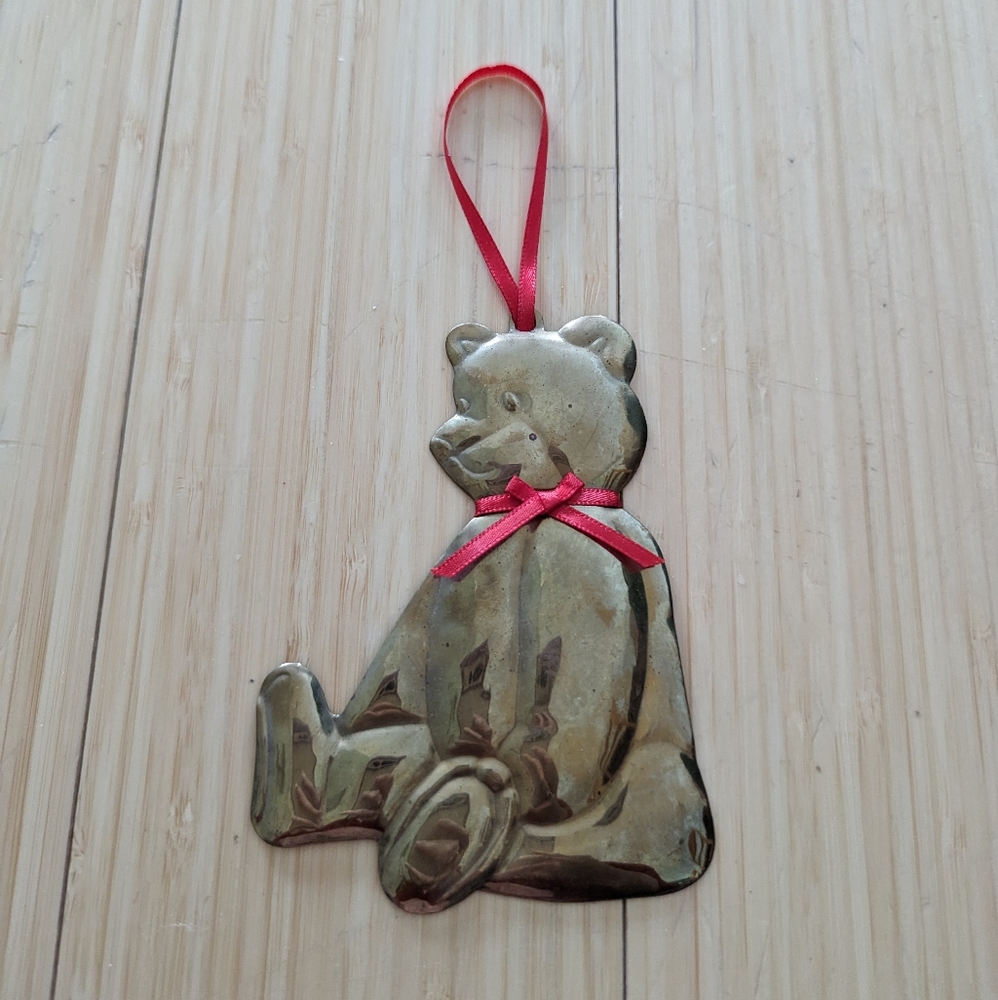 Vintage 80s Department 56 Brass Teddy Bear Christmas Ornament W/ Red Bow Ribbon